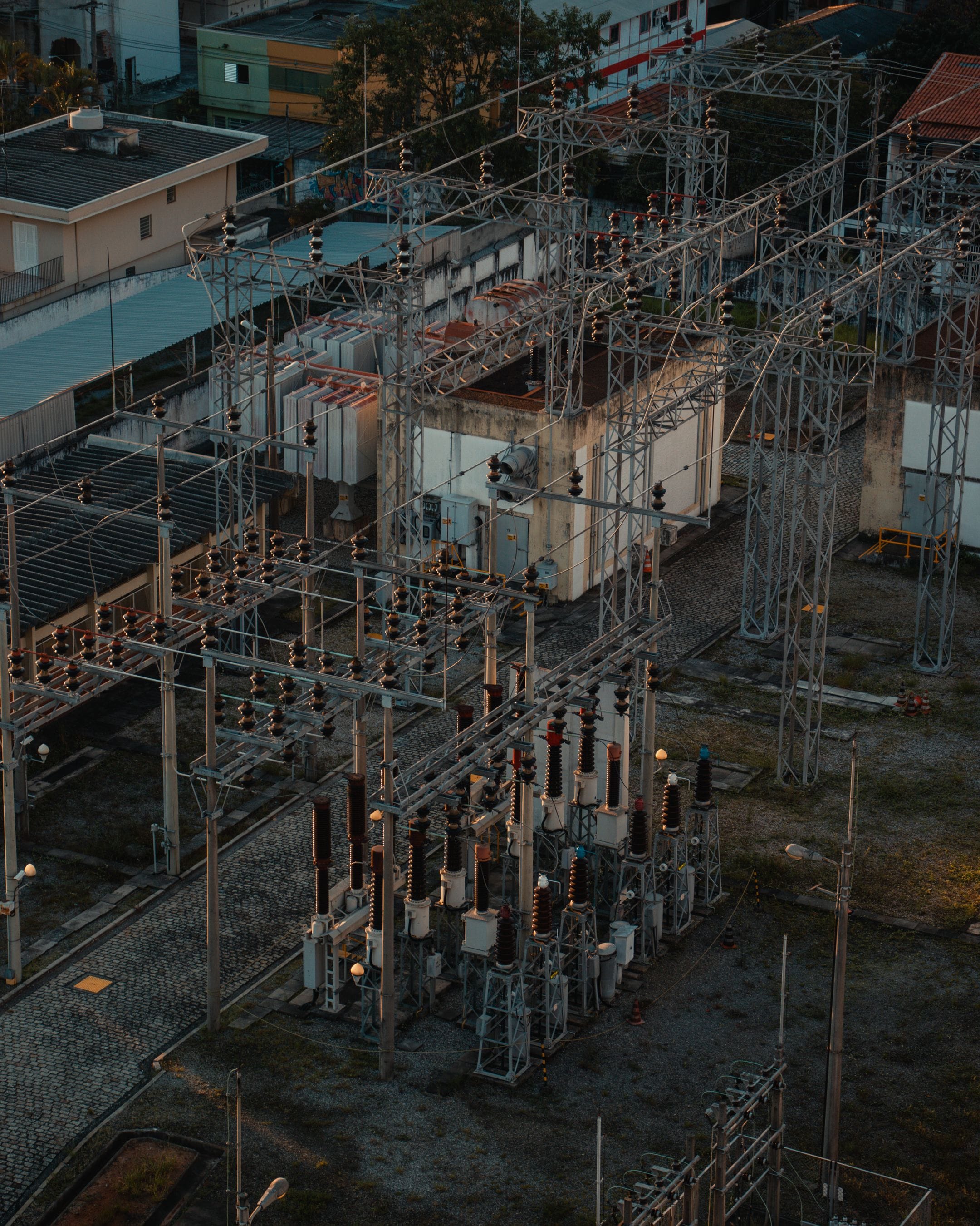 Electrical switchyard with insulators, busbars and steel supports